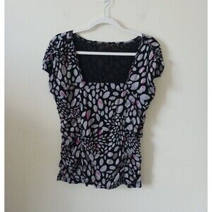 S.Oliver Womens Polka Dot Sleeveless Ruched Pink Black Floral Top Size 14